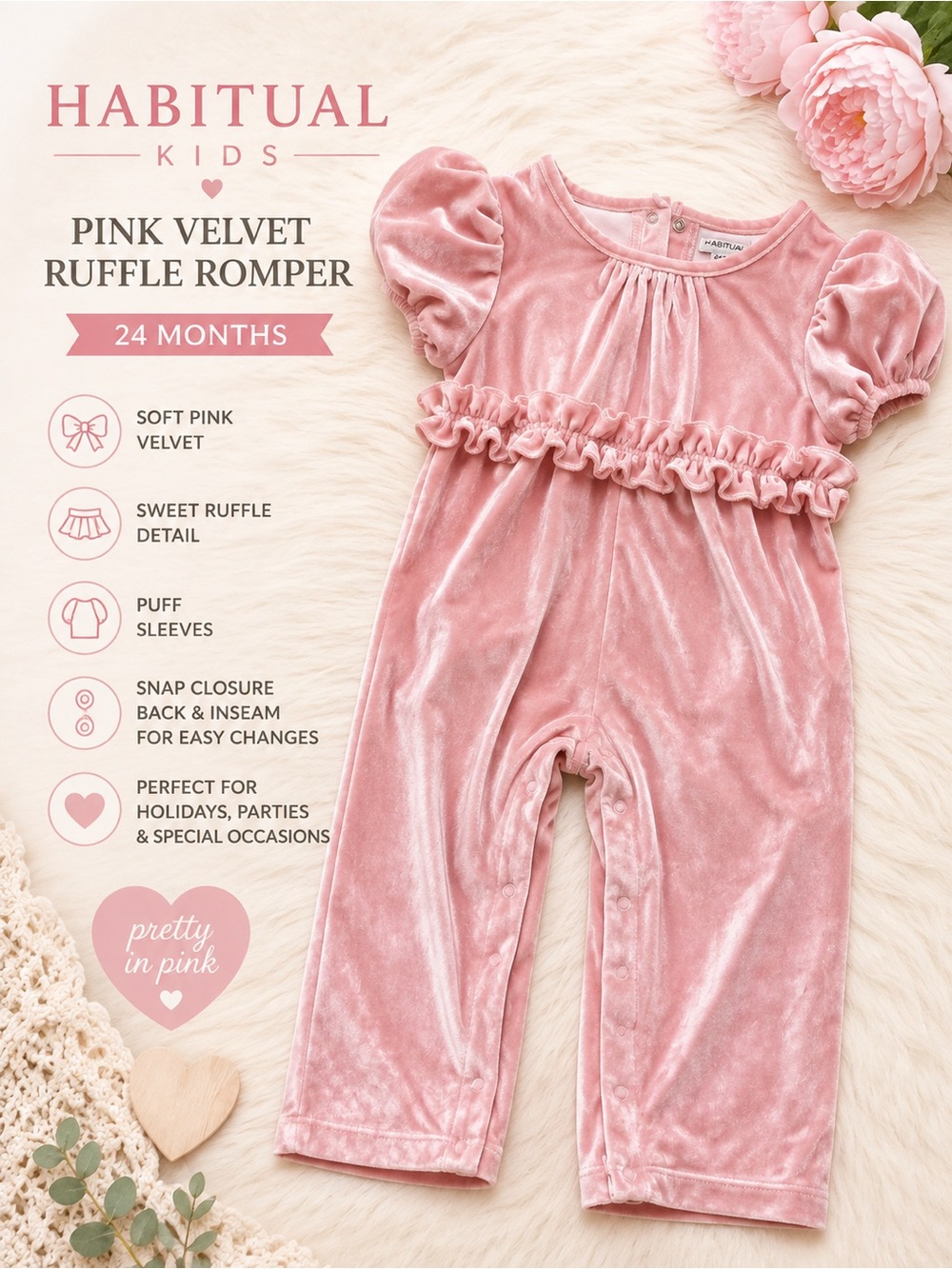 Habitual Kids Pink Velvet Ruffle Romper | 24 Months